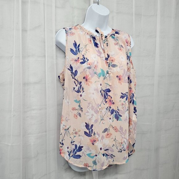 Liz Claiborne Pink Blue Floral Sheer Coquette Chiffon Tank Top L - Picture 3 of 11